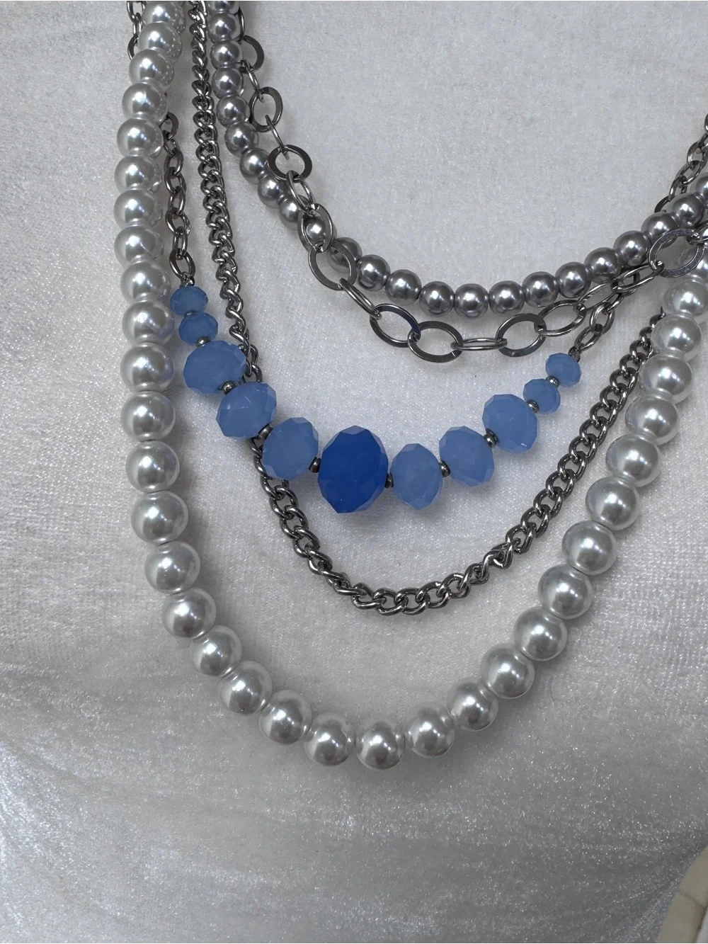 Ann Taylor 5 Strand Silver Pearl Blue Bead Necklace Ribbon Tie Adjustable - Picture 2 of 5